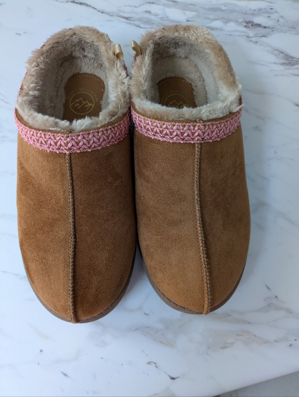 White Mountain Brown Suede Slip-On Clogs with Pink Trim